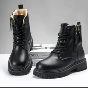 Black Faux Leather Fleece Lined Lace-Up Ankle Boots Size 38, 41, 42 Available